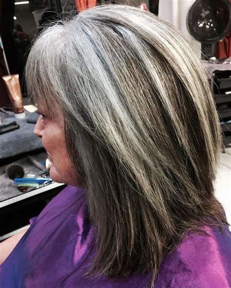 grey highlights in dark brown hair|growing out grey with highlights.